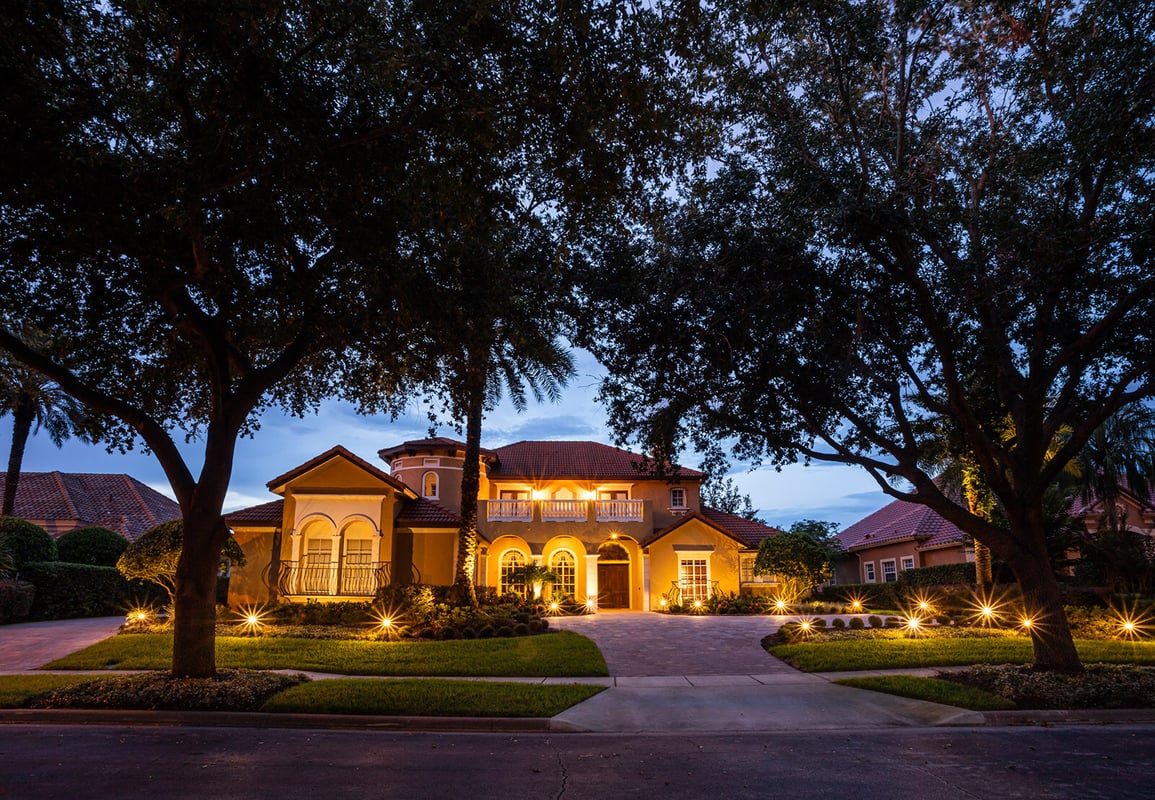 landscape lighting in landscape beds near front of home