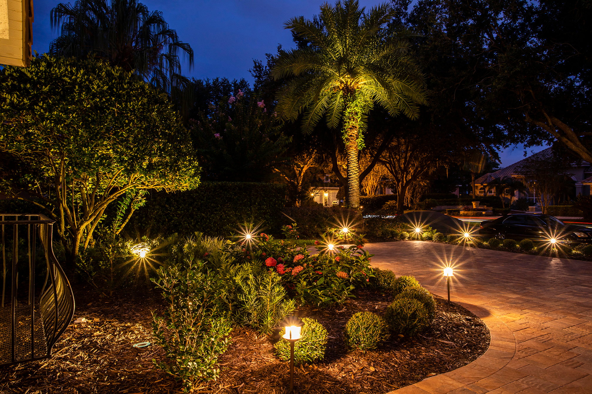landscape lighting around a patio with planting beds and palm trees