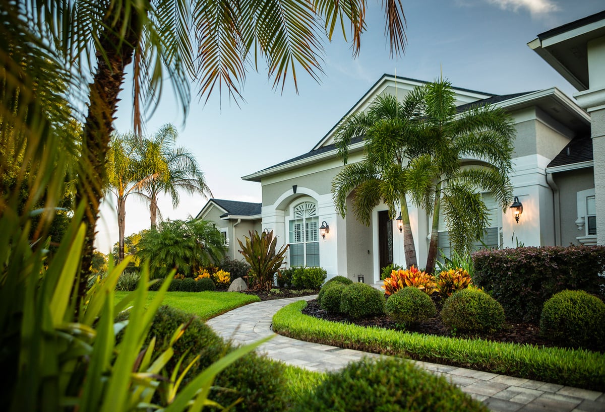 home entrance surrounded by landscape plantings and stone walkway