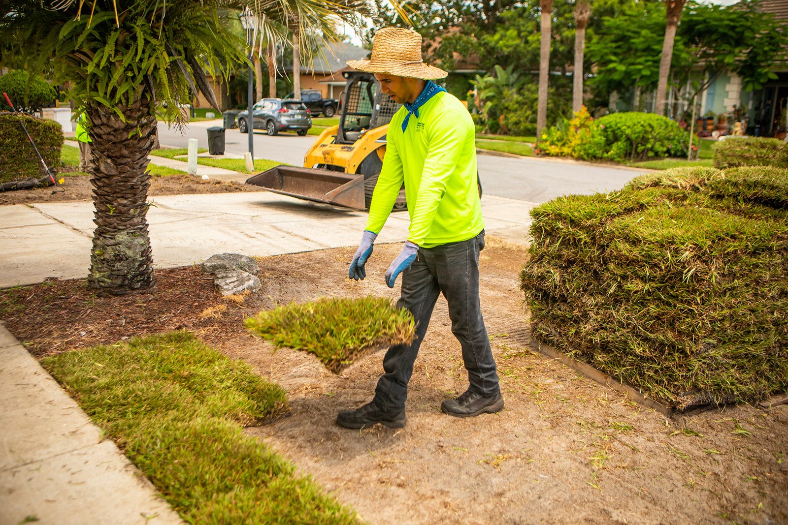 Landscape crew installing sod 