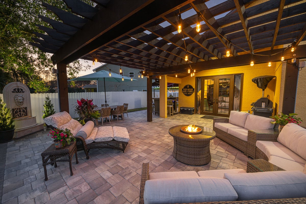 hardscape paver patio container planting landscape lighting pergola fence fire pit