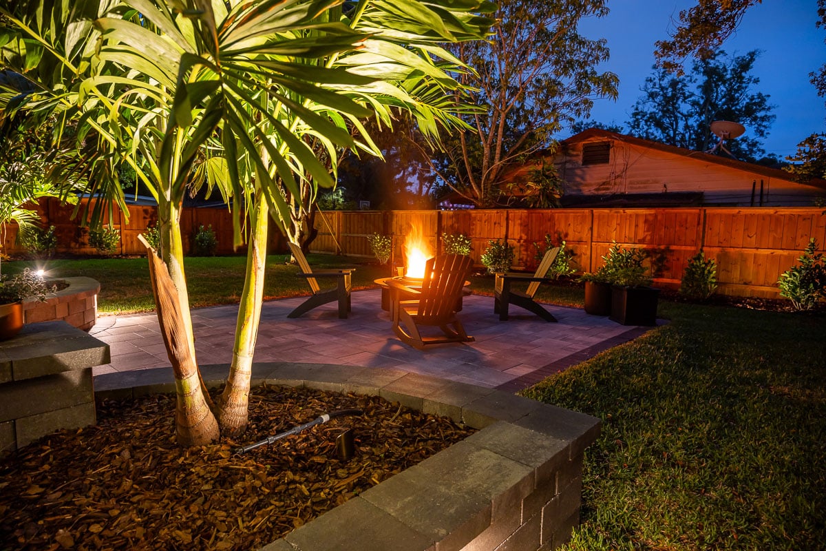 hardscape paver patio raised planting beds landscape lighting fire pit