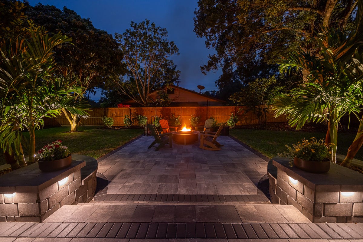 hardscape paver patio raised planting beds landscape lighting fire pit