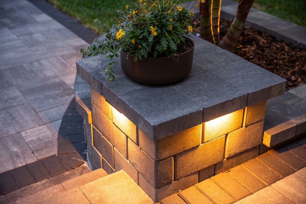 hardscape stairs paver patio container planting landscape lighting