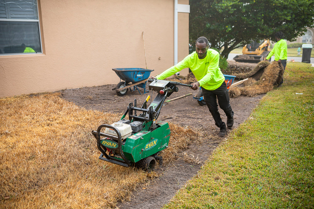 sod team cuts up old sod to plant new