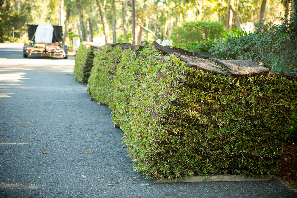 pallets of sod sitting on street