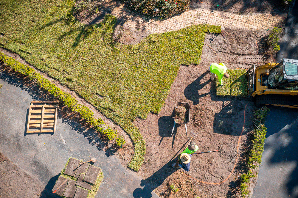 aerial photo of sod being installed