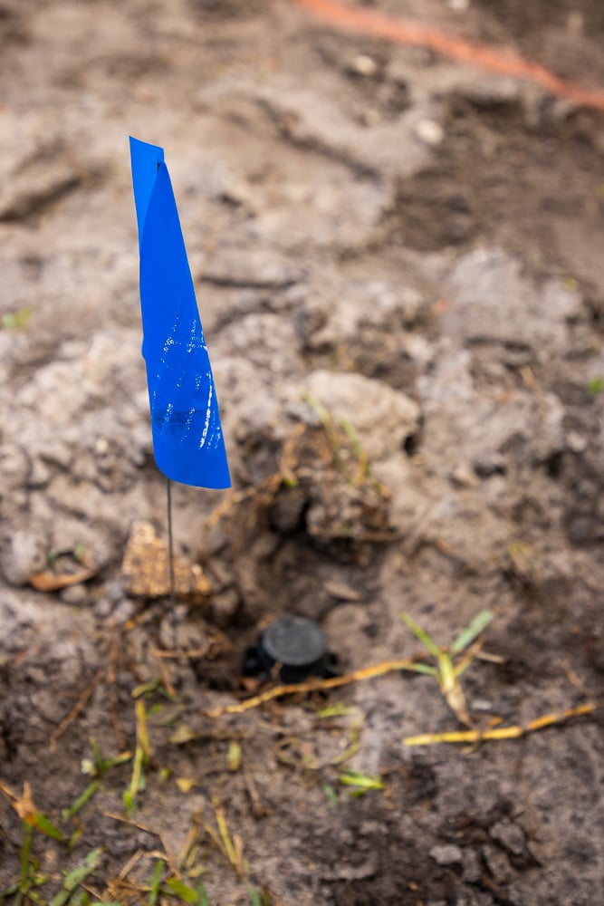 irrigation head marked with a flag during a landscape installation