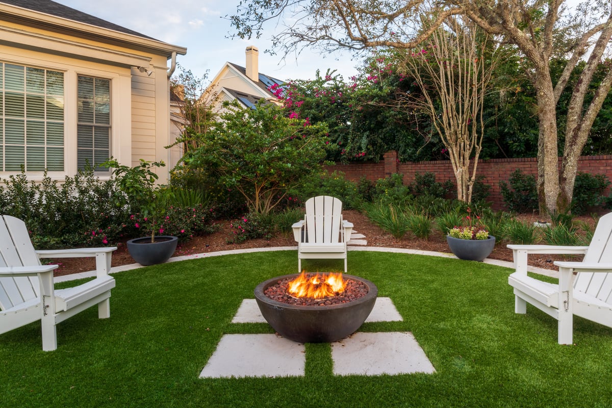 fire bowl with seating on artificial turf