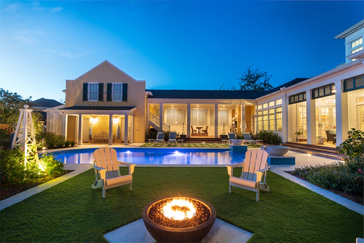 pool with artificial turf and fire bowl 