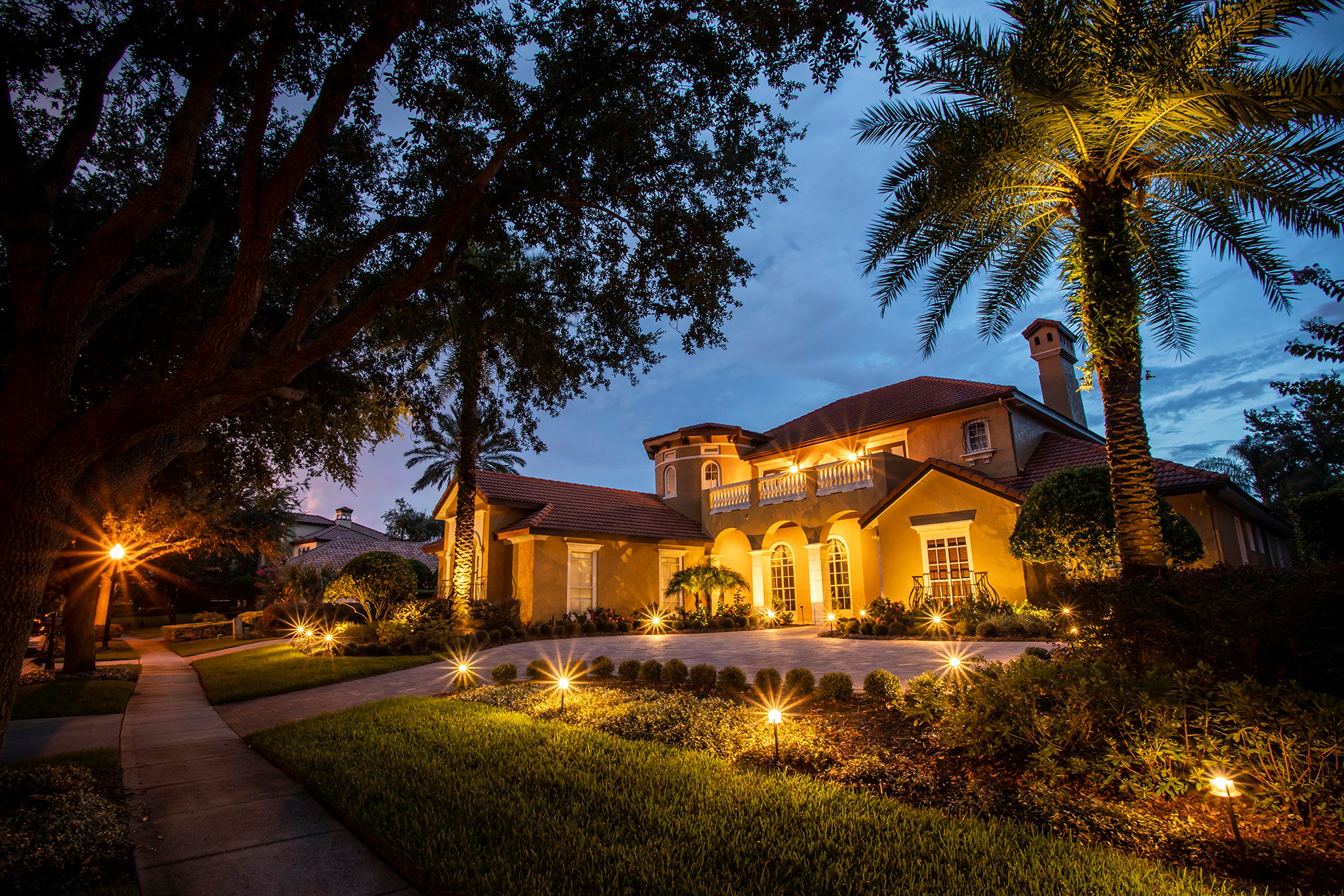 landscape lighting in front yard and driveway