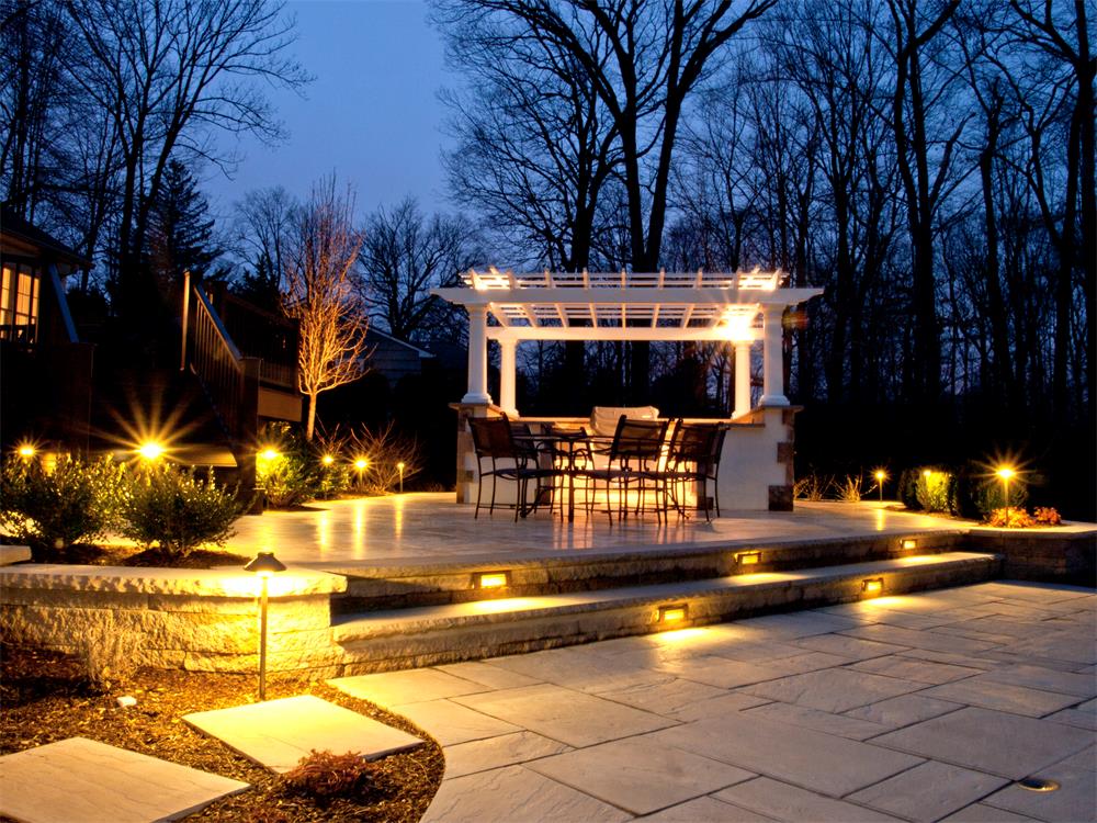 landscape lighting around patio and in steps 