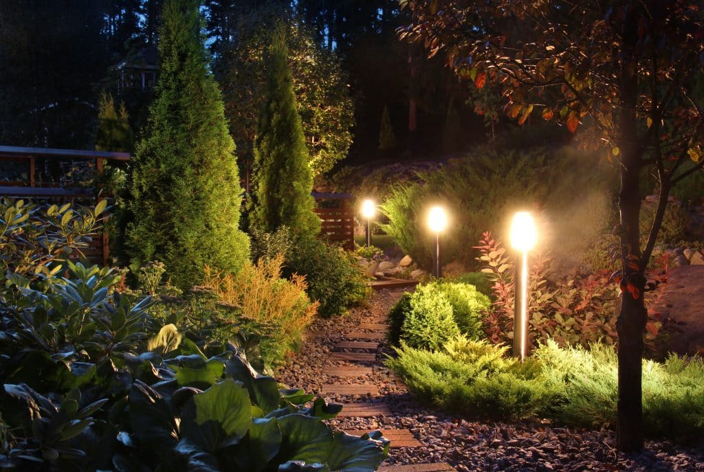 Walkway with landscape lighting