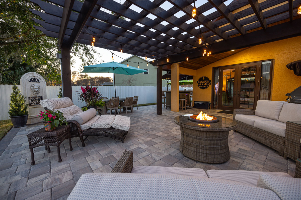 orlando backyard patio with fire feature pergola and patio furniture