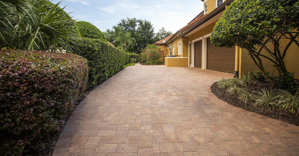 paver driveway in central florida with landscaping plants along border