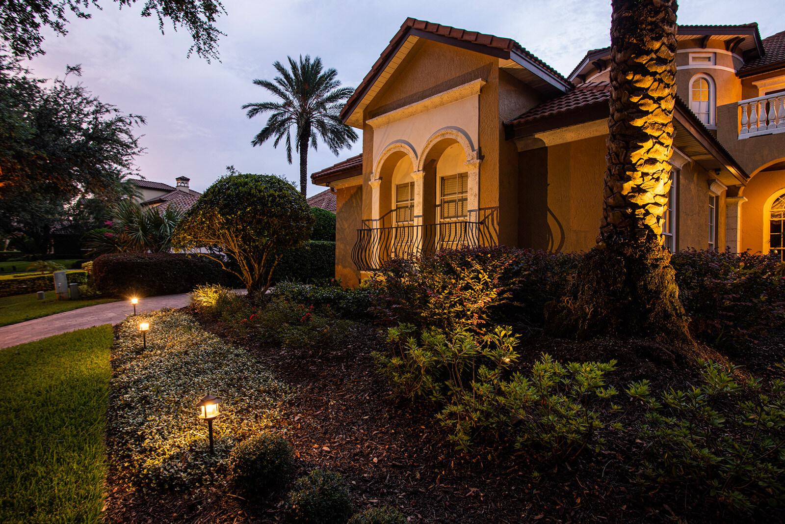 Landscape lighting design in front yard and walkway