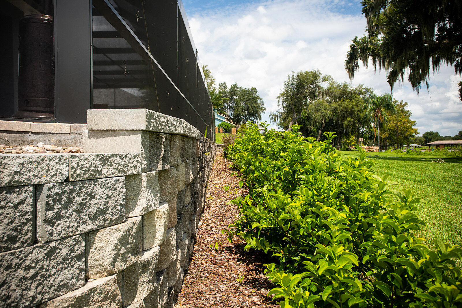 retaining wall lined with plantings